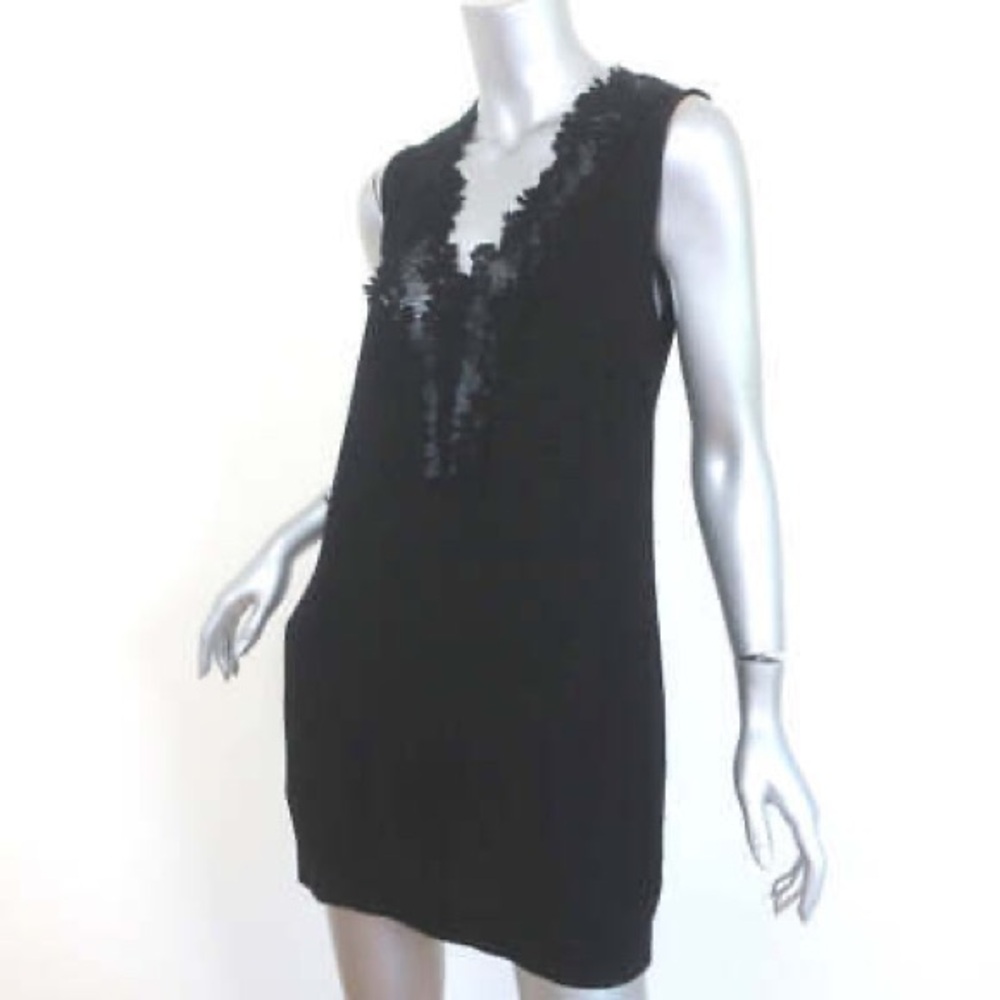 Sandro black crepe mini dress with floral trim collar